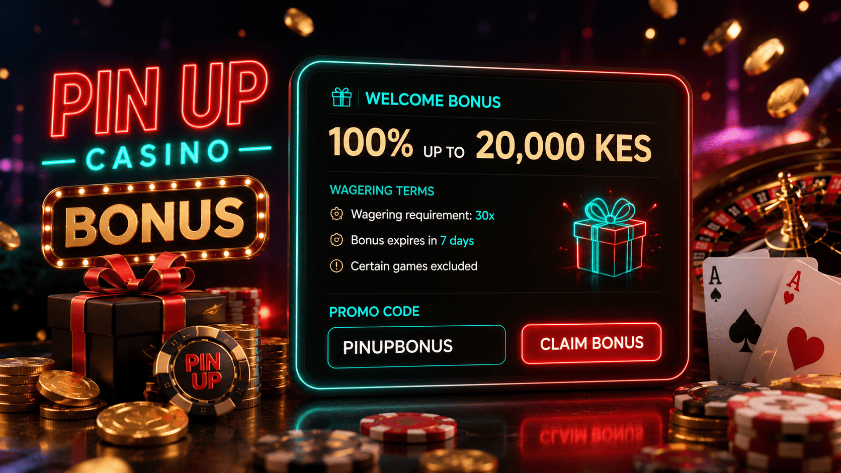 Pin Up bonus section with wagering terms and promo code field